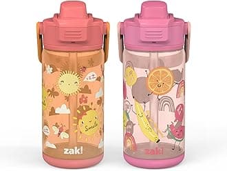 Zak Designs Fruit Kid Water Bottle 2-Pack Set for Travel or At Home, 16oz Plastic is Durable and Leak-Proof with Silicone Spout, Cover, Carry Handle, Protective Base (Happy Skies, Happy Fruit)
