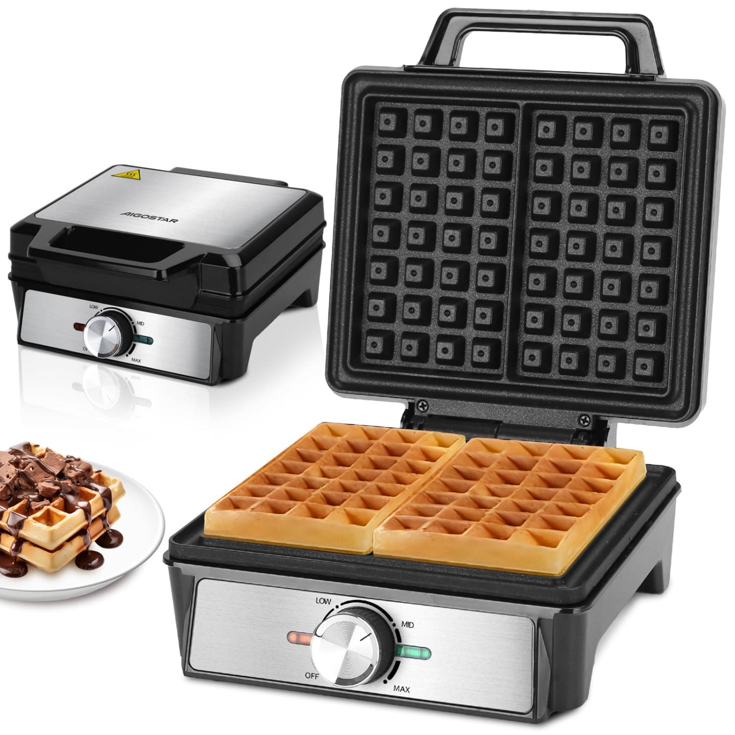 – Aigostar Professional Waffle Maker 1600W, Deep Fill Belgian Waffle Iron with Adjustable Temperature Control, Double-Sided Heating, Non-Stick Anti-Spill Plates, Easy Clean, Black - Savory