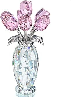 H&D Hyaline&Dora HYALINE & DORA Pink Crystal Rose Bouquet Figurine,Handmade Rose Flower Gifts for Mom Gifts for Women,Glass Flower Collectible Ornament Home Table Wedding Decor