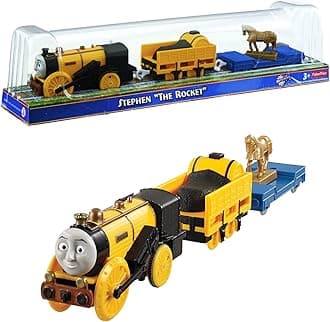 Fisher Price Year 2013 Thomas and Friends As Seen On "King of the Railway" DVD Series Trackmaster Motorized Railway Battery Powered Tank Engine 3 Pack Train Set - STEPHEN "THE ROCKET" with 1 Open-Top Carriage Car and 1 Flat-Bed Car with Horse Statue