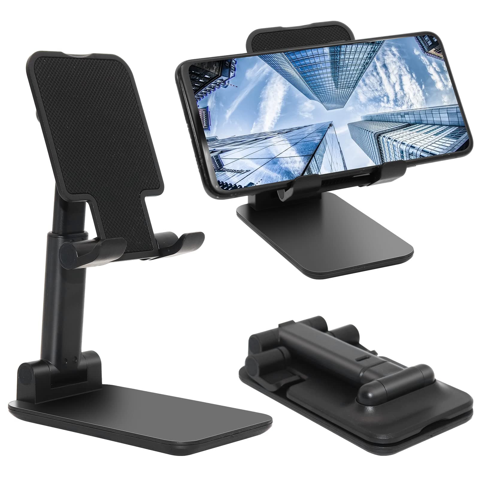 Cell Phone Stand, Folding Desktop Phone Stand, Angle Height Adjustable Mobile Phone Holder for Desk, Office, Tablet Stand Compatible with All Phones 4-10 Inches Cell Phone/Tablet (Black)