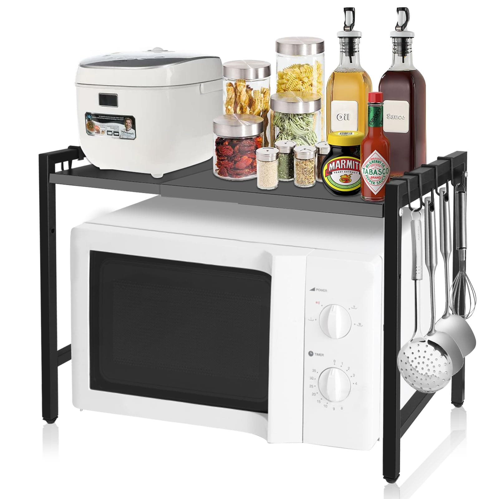 ASelected Expandable Microwave Oven Rack Height Adjustable 2 Tier Kitchen Counter Shelf Rack 6 Hooks Width 40 or 60Cm Black