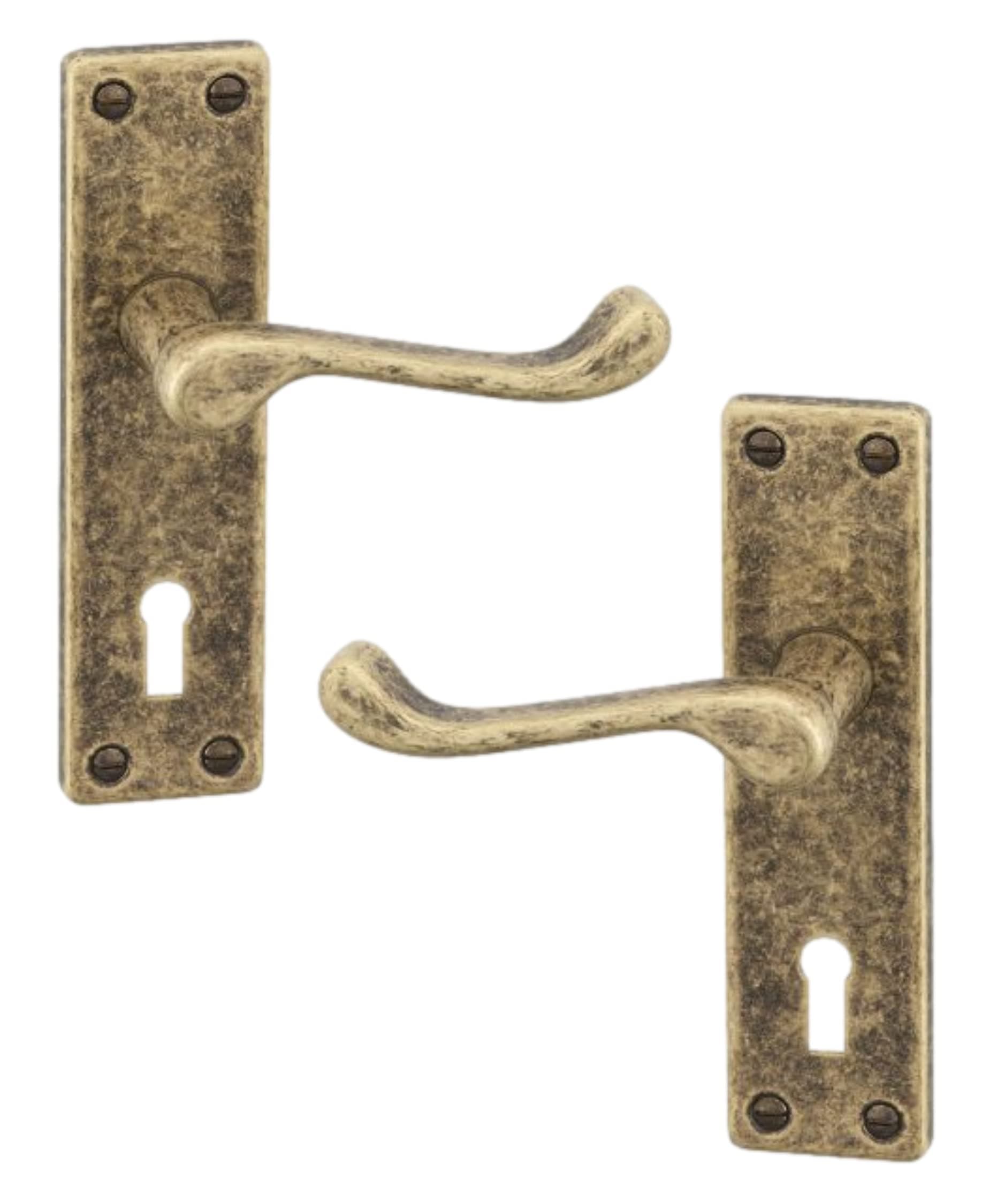 URFIC Copper Door Handle for Internal and External Doors Victorian Scroll Set of 2 Lever Lock on Plate.  Sleek Design Levers for Wooden Kitchen and Bedroom Interior and Exterior Doors.