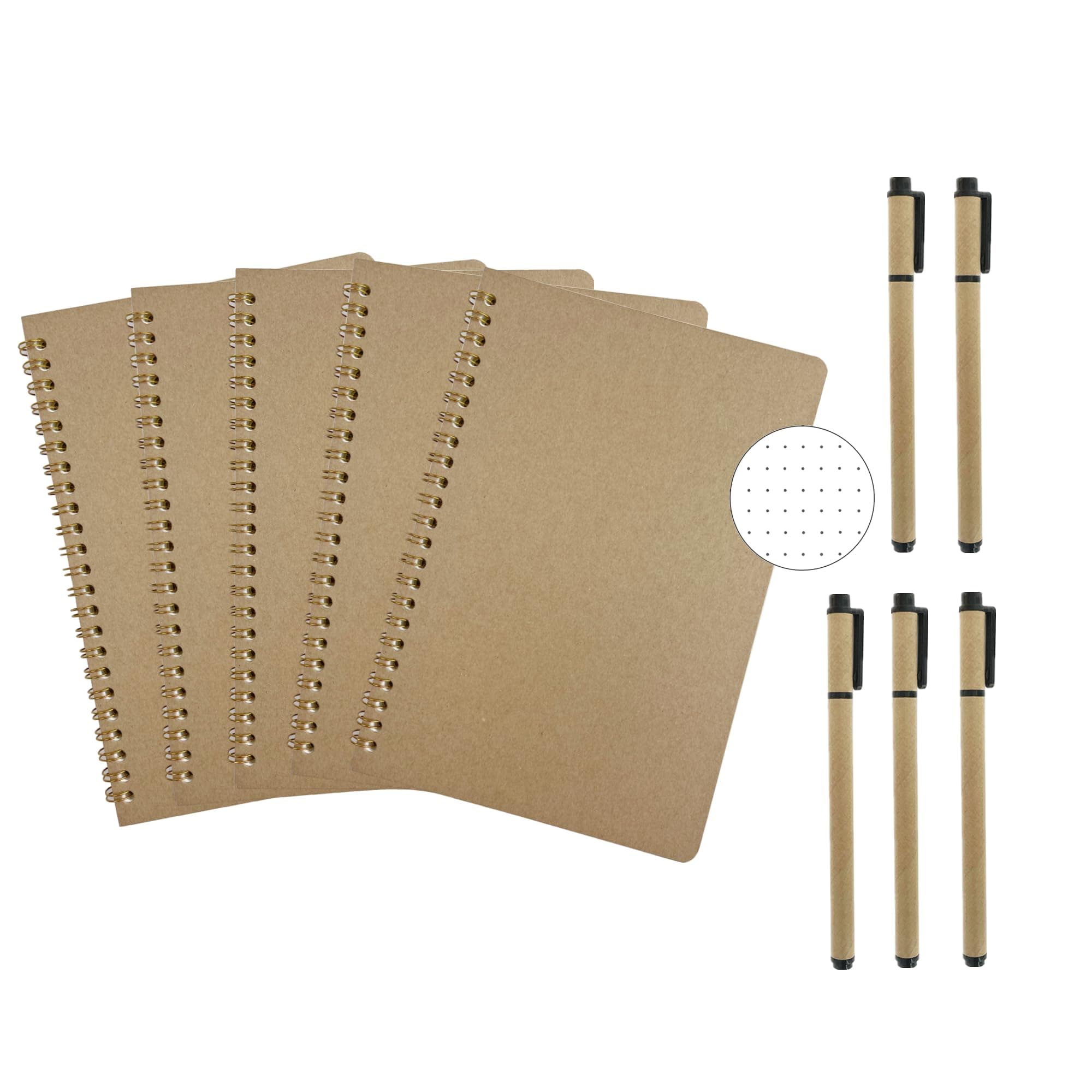 AOU 5 Pcs Dot Grid Spiral Notebooks, 8.3" x 5.7", Total 500 pages of 100gsm Thick Paper, Small Bullet Dotted Journals with Hard Cover For Home, School and Work, 5 Pens Included (Brown)