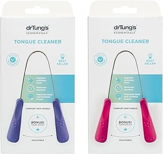 drTung's Stainless Tongue Scraper - Tongue Cleaner for Adults, Kids, Helps Freshens Breath, Easy to Use Comfort Grip Handle, Comes with Travel Case - Stainless Steel Tongue Scrapers (2 Count)