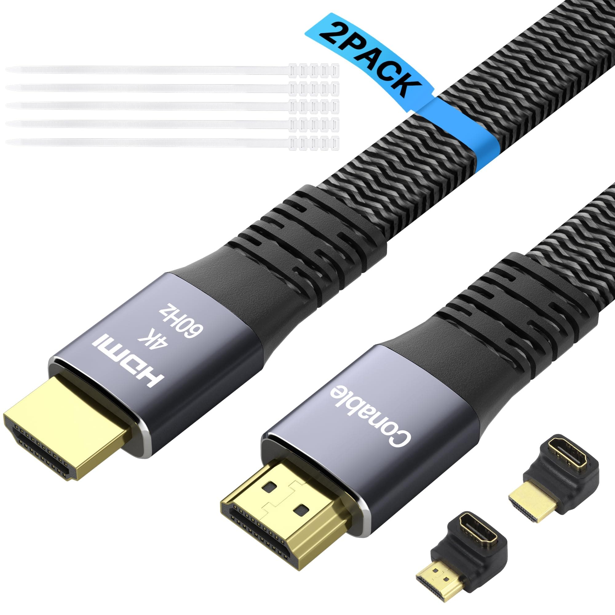 Flat HDMI Cable 15 Feet (2 Pack), 18Gbps 4K 2.0 High Speed Braided Cord (2ft to 50ft), Pure Copper, 3D 4K@60Hz 2160p 1080p HDR HDCP 2.2 ARC Bundled with 50 Cable Ties and 2 HDMI Adapter - 15 ft