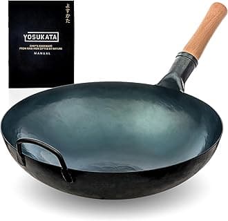 14” Round Bottom Carbon Steel Wok Pan – Blue Pre-Seasoned Pow Wok for Stir Fry, BBQ & Camping – Traditional Japanese & Chinese Cookware – Compatible with Gas Stoves & Open Fire Only