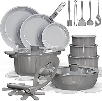 27pcs Ceramic Cookware Set Nonstick, Pots and Pans Set Non Stick, Non Toxic Cookware Detachable Handles, Dishwasher/Oven Safe, RV/Camping Cookware, Pan and Pot with Kitchen Utensils, Dark Gray