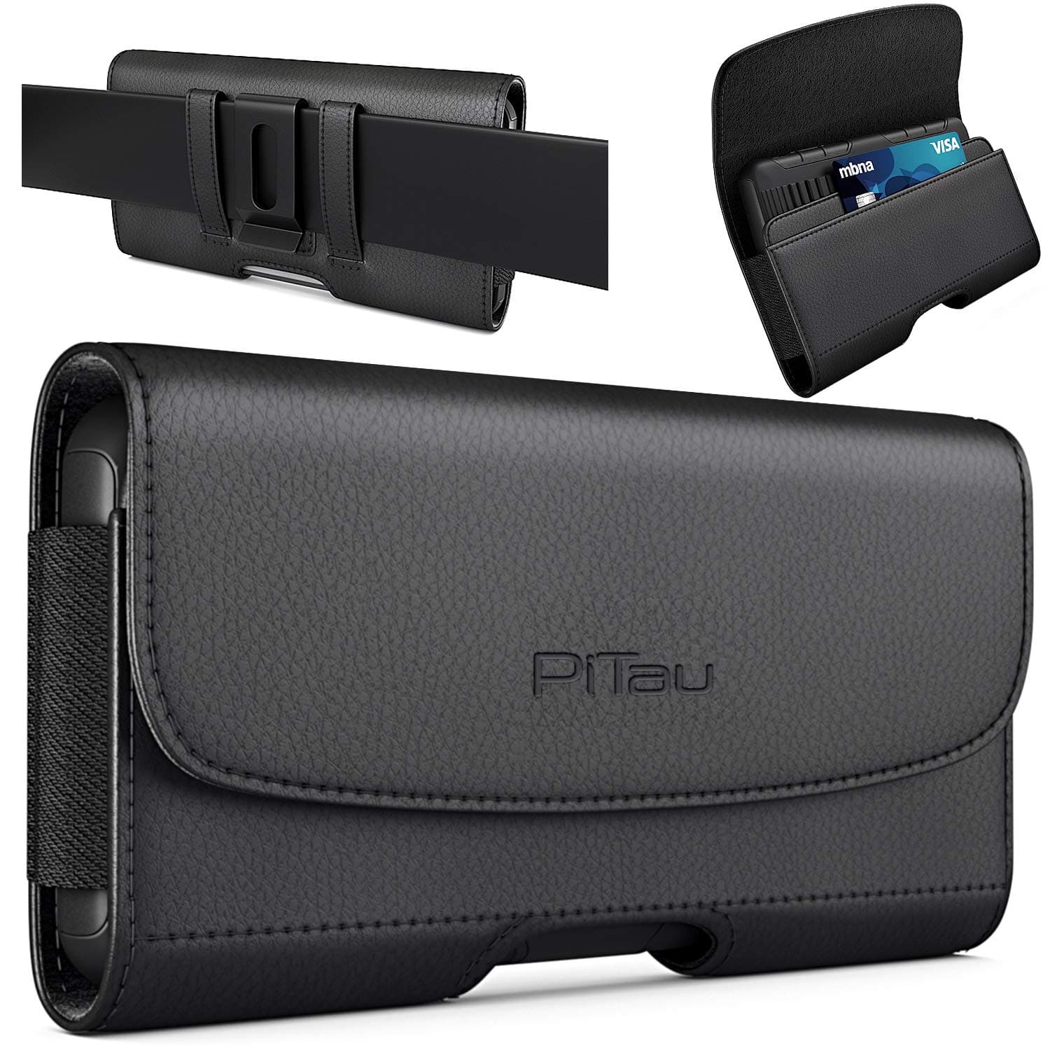 PiTau Bomea iPhone Xs Max Holster, iPhone 8 Plus 7 Plus Belt Clip Case, Premium Leather Holster Pouch Case with ID Card Holder for Apple iPhone Xs Max/6s Plus/7 Plus/8 Plus (Fit w/Phone Case on) Black