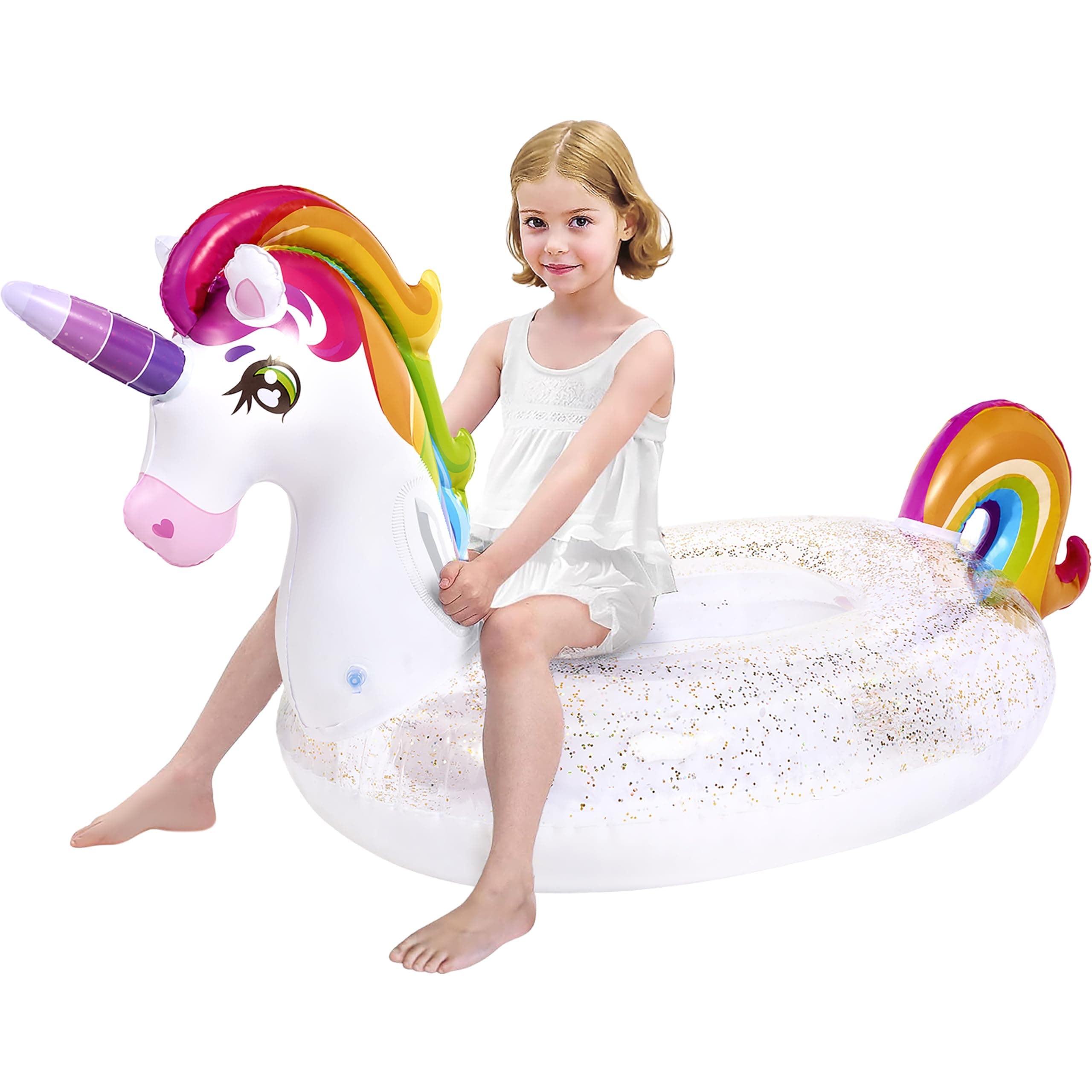 Unicorn Pool Float Kids - Inflatable Rainbow Unicorn Floaty with Glitters Fun Floats, Ride On Beach Lake Floaties Raft Lounge, Party in Summer Decorations Pool Toys for Kids