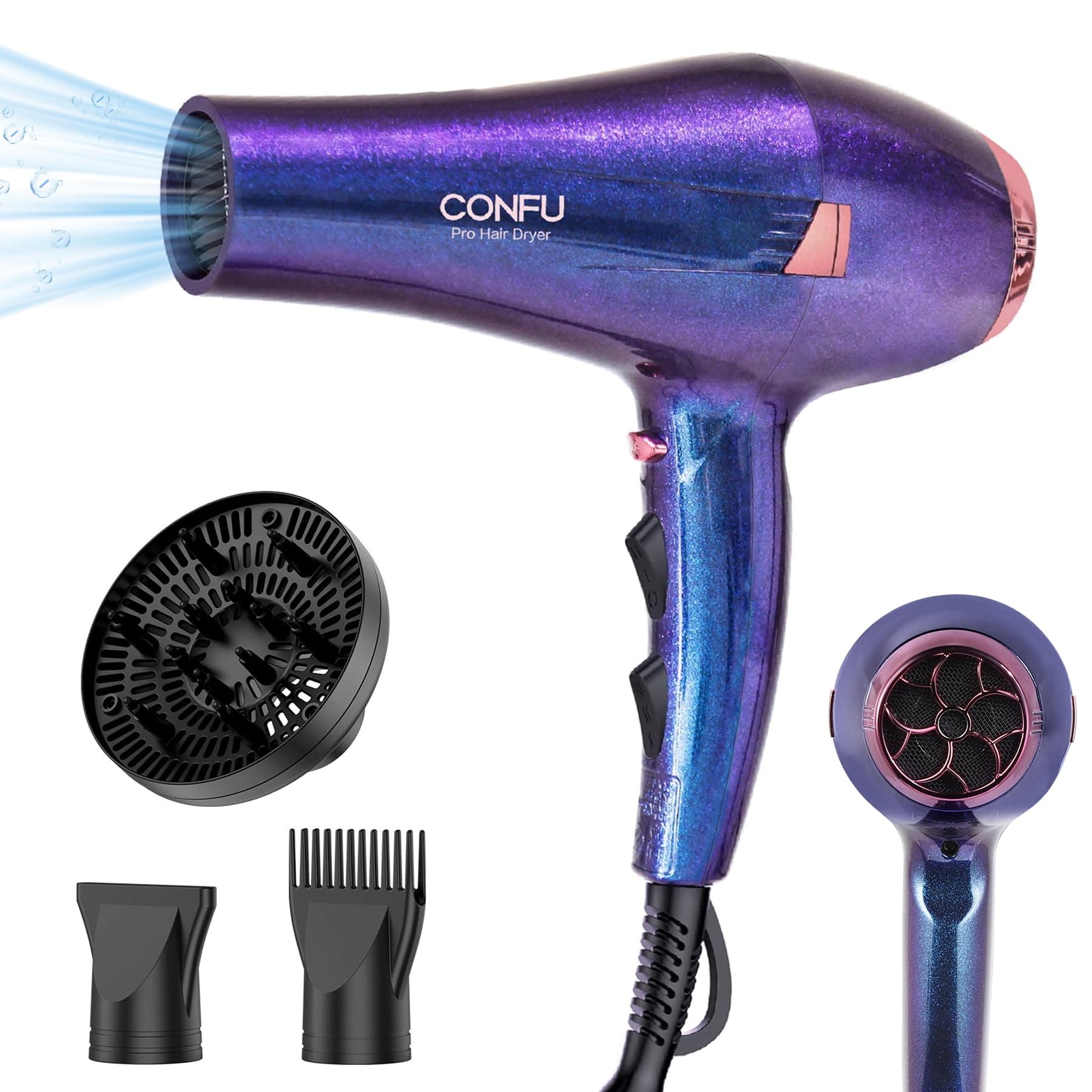 - CONFU Hair Dryer Pro, Professional Ionic Salon Blow Dryer with Diffuser for Women and Men, 5X Fast Drying, Powerful and Quiet Hair Blow Dryer for Fast & Easy Styling (1875 Watts)