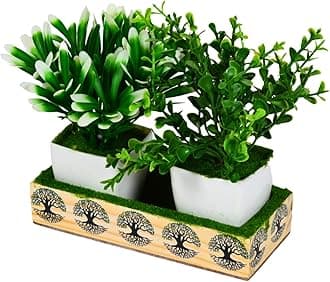 fancymart Artificial Plant Leaves Set of 2 Potted Plant in Small Wooden Planter Tray | Perfect Home Decor Item Height 15cm x Width 16cm