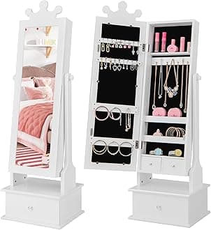 CostzonCostzon Kids Jewelry Armoire Cabinet, 45” Standing Jewelry Organizer with Full-Length Mirror, 3 Storage Drawers, Kids Vanity Dress Up Mirror Jewelry Cabinet for Girls (White)