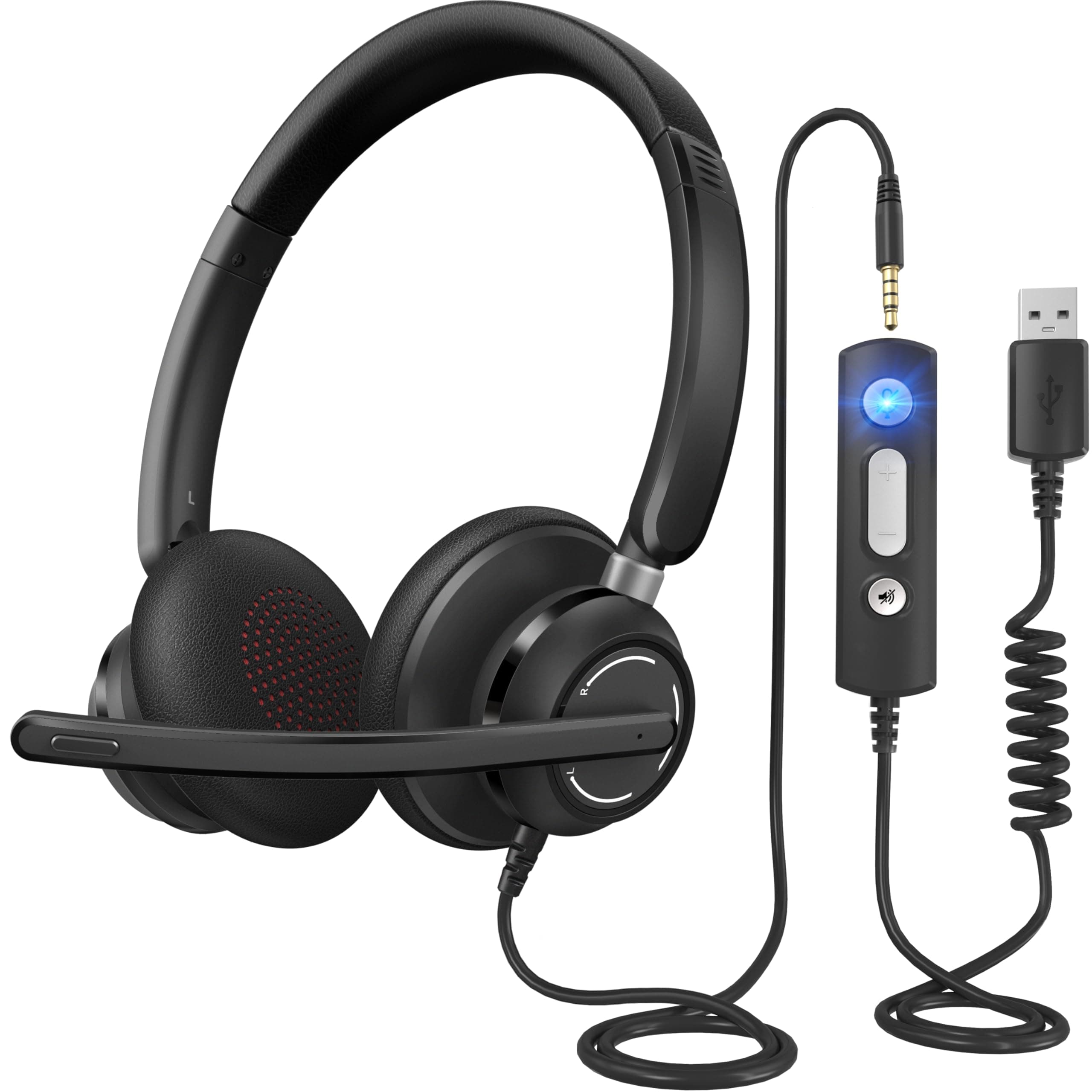 Wired Headphones with Microphone for PC, On-Ear Computer Laptop USB Headset with Noise Cancelling Microphone in-line Control for Home Office Online Class Skype Zoom, (3.5mm + USB)
