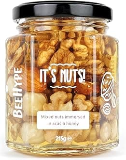 BeeHype It's Nuts! - Mixed Nuts in Pure Raw Acacia Honey with Natural Enzymes, Vitamins, Minerals, Antioxidants and 14g of Protein Per Jar - 215g