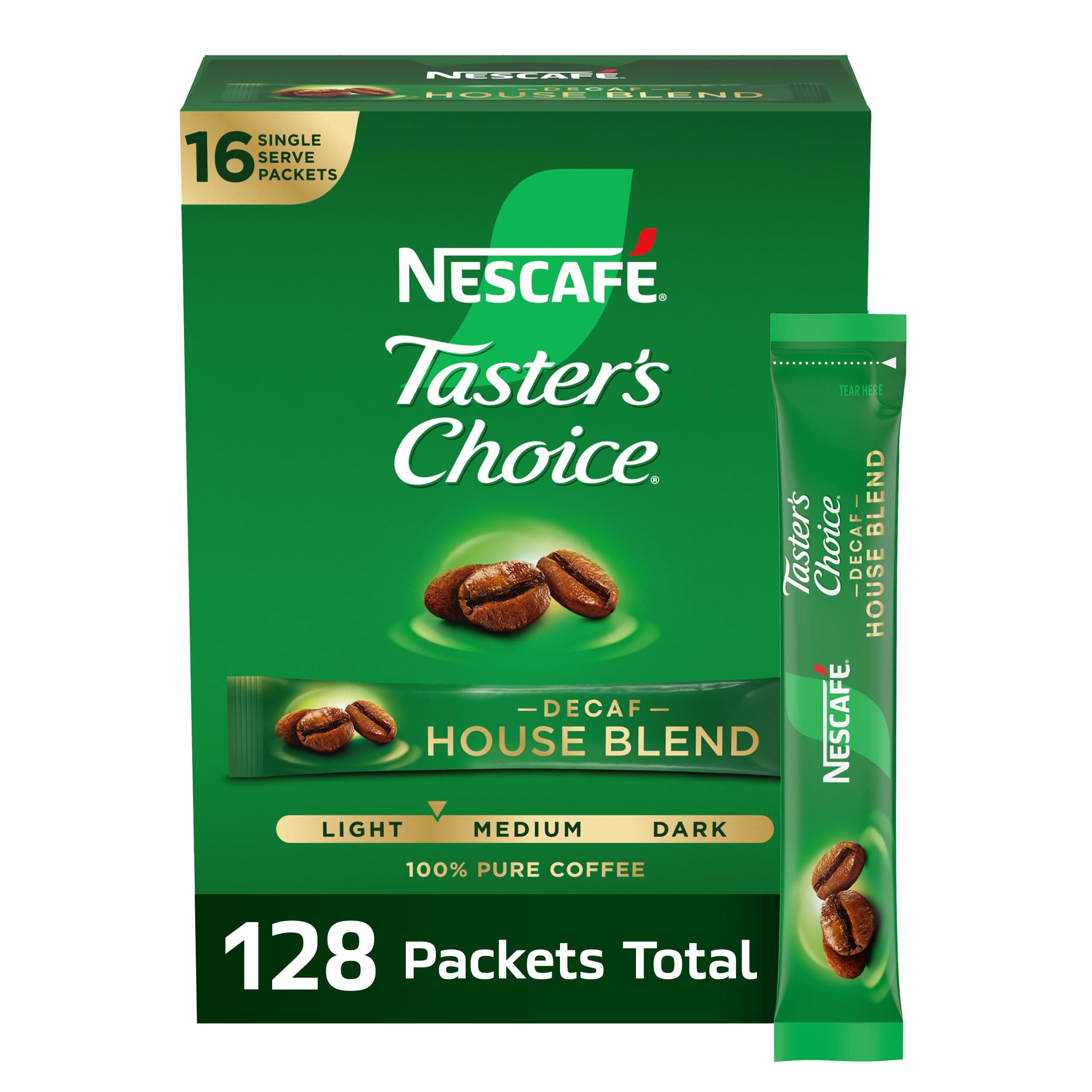 NESCAFÉ Taster's Choice Instant Coffee Packets, Light Medium Roast Coffee, Decaf House Blend, 8 Boxes (128 Packets)