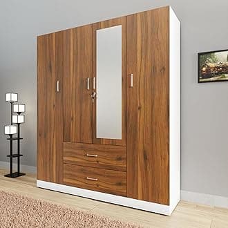 VIKI Wardrobe | Wooden Almirah for Clothes,Door for Bedroom, 4 Door Wardrobe with Drawer, Mirror & Hanging Space (White & Walnut - 40D x 160W x 180H) | 1 Year Warranty | Free Assembly