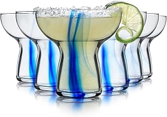 Blue Ribbon Stemless, Margarita Glasses, Artisan-Inspired, Elegant Margarita Glass Set of 6, Lightweight Mexican Glassware for Parties and More