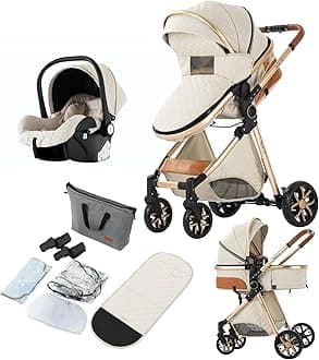 3 in 1 Baby Travel System, Reversible Baby Stroller, Pushchair Luxury Baby High Landscape Pram, Portable Standard Pram Buggy, Foldable Baby Carriage for Newborn Toddler (MGV9-WHITE Without Base)