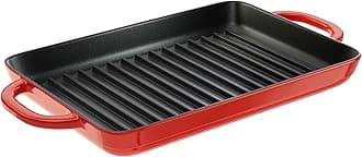 12.5 x 8 Inch Enamel Cast Iron Grill Pan - Dual Assist Handles - Use in the Oven, on the Stove, on the Grill, or Over a Campfire - Red