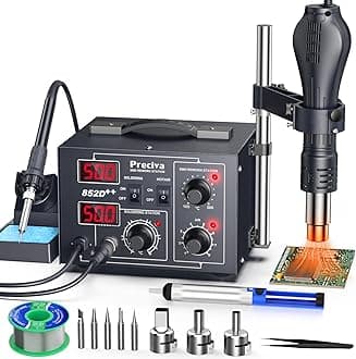 Preciva 2-in-1 Hot Air Gun & Soldering Iron Kit, 852D Hot Air Rework Soldering Station, 740W PID Dual Display, 100-500℃, Brushless Fan (120L/min), with Stand/Desoldering Gun for SMD/BGA/PCB Repair