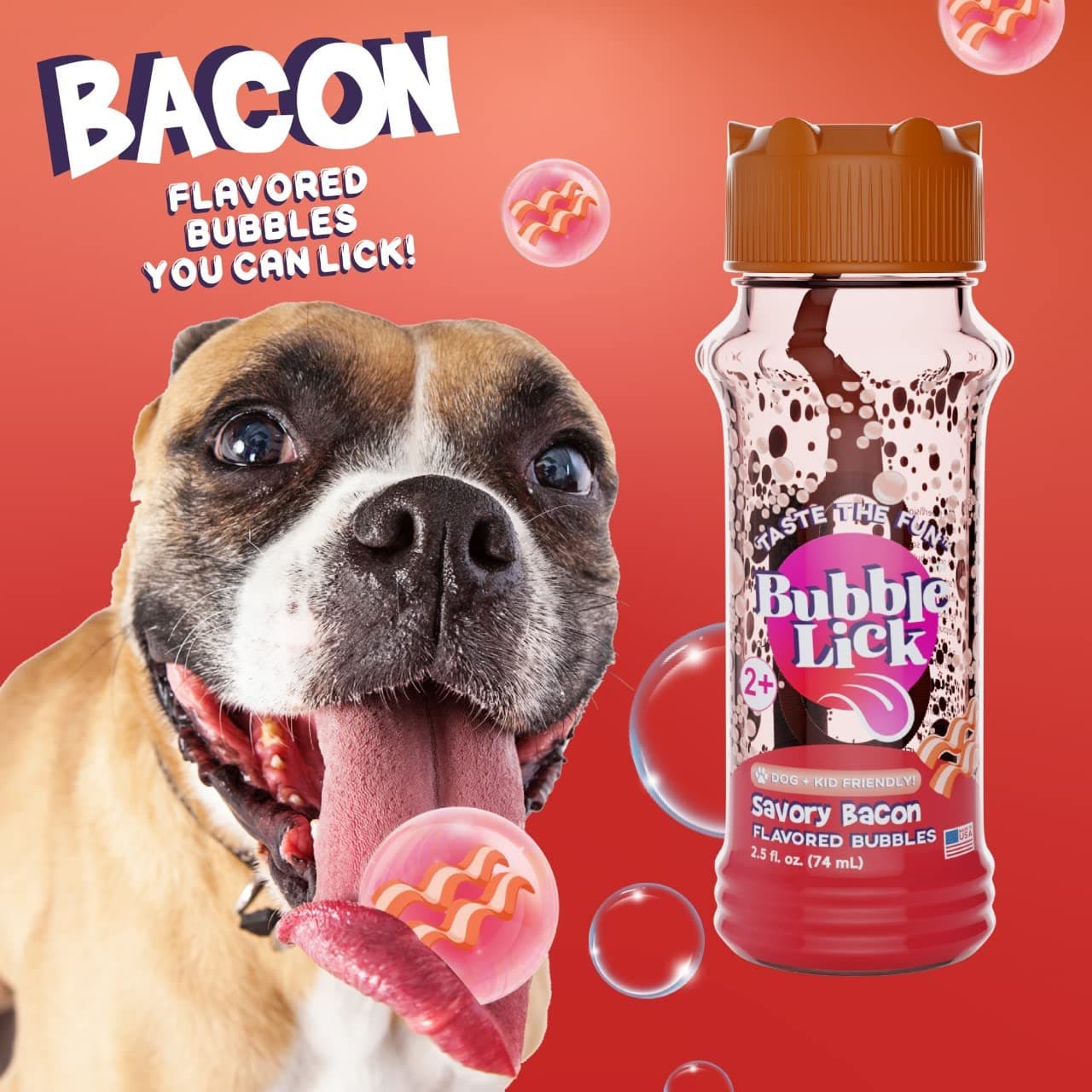 BubbleLick Maple Bacon (2.5 Fl Oz, Pack of 2), Natural Flavor, Edible Bubbles for Dogs & Kids - Premium Natural Flavored Bubble Solution, Great for Toys, and Refillable Bubble Solution