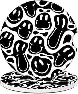 Car Cup Holder Coasters - Black Hippie Smiley Face Absorbent Ceramic Coaster 2 Pack, Anti Slip Car Coasters for Cup Holders, Fashion Car Interior Accessories Drink Coaster for Women & Men