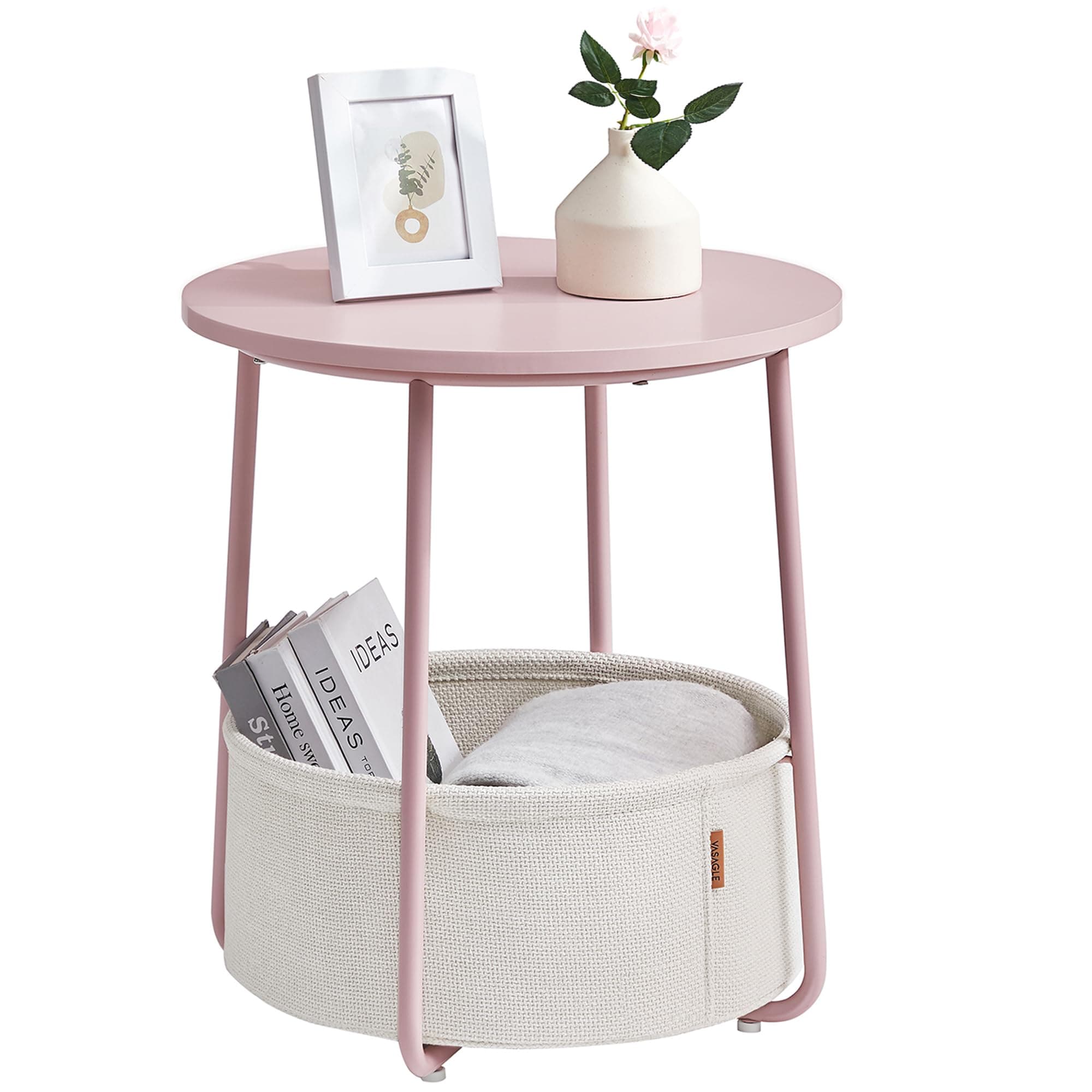 VASAGLE LILEA Collection - Small Round Side End Table, Modern Nightstand with Fabric Basket, Jelly Pink and Cream White ULET223R61