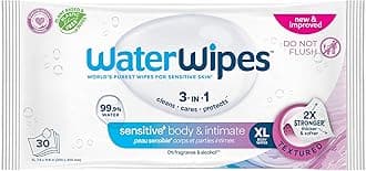 WaterWipes Sensitive Whole Body Cleansing Wipes, 99.9% Purified Water, XL Textured Wipes, Incontinence Care, Fragrance Free, 30 Count