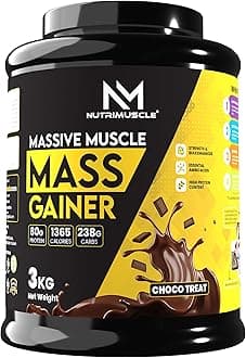 Massive Muscle Mass Gainer - 3 Kgs - Choco Treat (Chocolate) Flavour - for Mass, Muscle, Power & Strength Gain - Contains Complex Carbohydrates, Whey Protein, BCAA , Digestive Enzymes & Essential Vitamins & Minerals - Also Contains Nutrimuscle CREATINE MONOHYDRATE - High protein Gainer