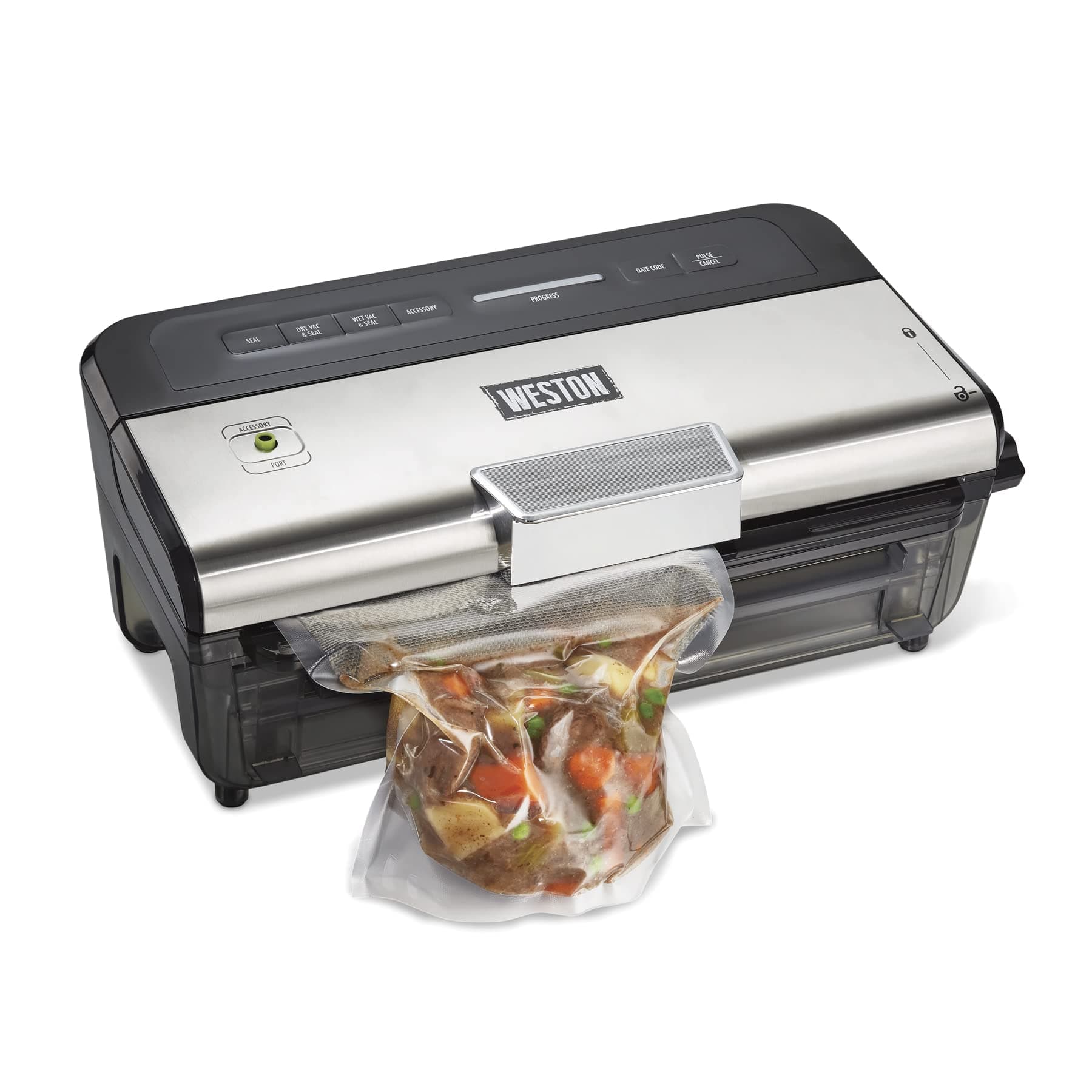 BRANDS Wet & Dry Vacuum Sealer Machine with Date Code Stamp & Built-In Cutter, 2 Roll Storage & Starter Kit, Pulse Button for Delicate Food, Black (65-1601-W)