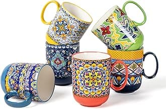 HENXFEN LEAD Boho Ceramic Coffee Mugs Set of 6 – 14 oz Porcelain Cups for Latte, Cappuccino, Tea & Cocoa – Microwave & Dishwasher Safe