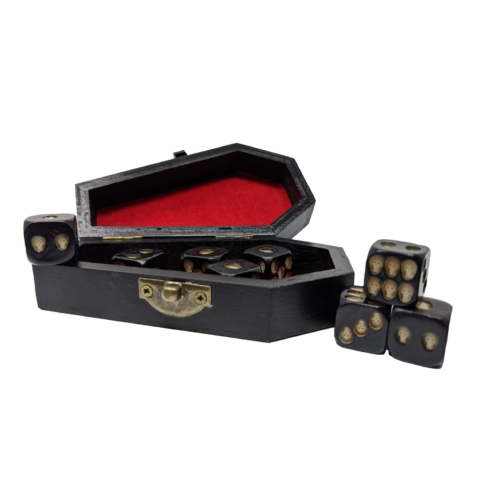 Apparition Studios 8 D6 Novelty Bone Dice Set and Red-Lined Coffin Case Bundle for Gaming, Role Playing, and War Gaming