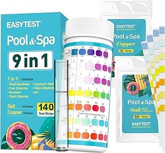 EASYTEST 9-Way Pool Test Strips, 140 Strips for Hot tub and Spa, Accurate Testing pH, Total Chlorine, Free Chlorine, Bromine, Alkalinity, Total Hardness, Cyanuric Acid, Salt and Copper
