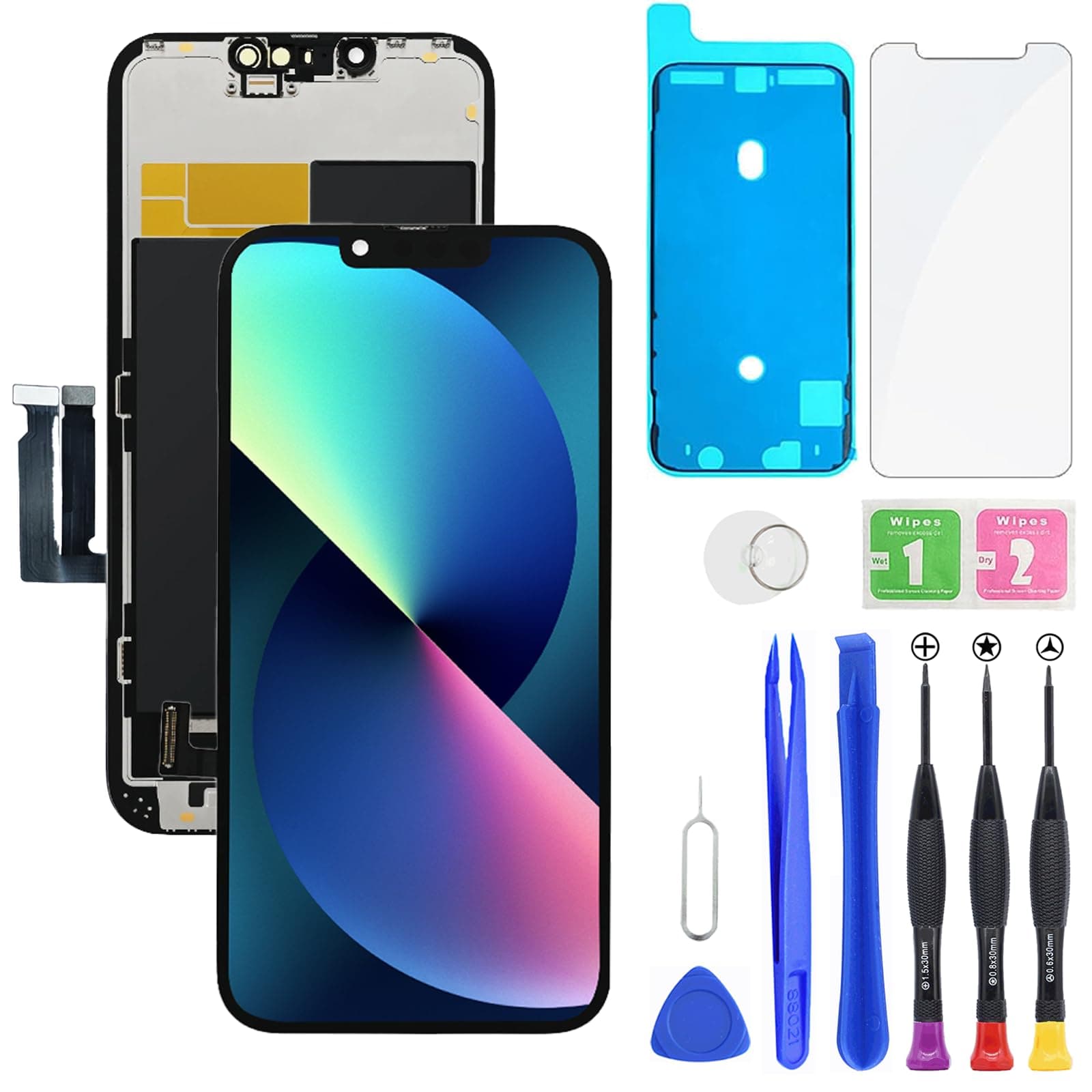 for iPhone 13 LCD Display FHD Screen Replacement 3D Touch Digitizer Frame Full Assembly with Repair Tools Kit for 6.1 inch A2633, A2482, A2631, A2634, A2635+Waterproof Adhesive+Screen Protector