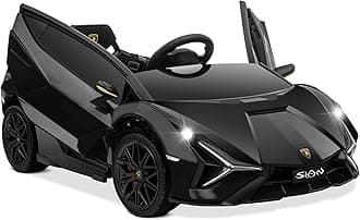 KidzoneKids Electric Ride On 12V Licensed Lamborghini Sian Roadster Battery Powered Sports Car Toy with 2 Speeds, Parent Control, Sound System, LED Headlights & Hydraulic Doors - Black