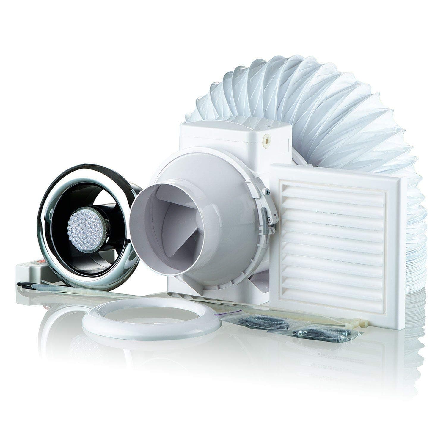 Bathroom Shower LED Light Fan Loft Mounted High Powered Extractor in Line Kit with Timer Ducting Circular Ceiling Grille & Wall Vent