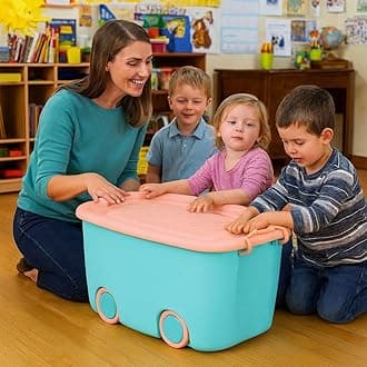 PARASNATH 45 Litre Blue Pink Colour Rolling Storage Container Box – Storage Unit With Flexible Wheels, Secure Locking Lid