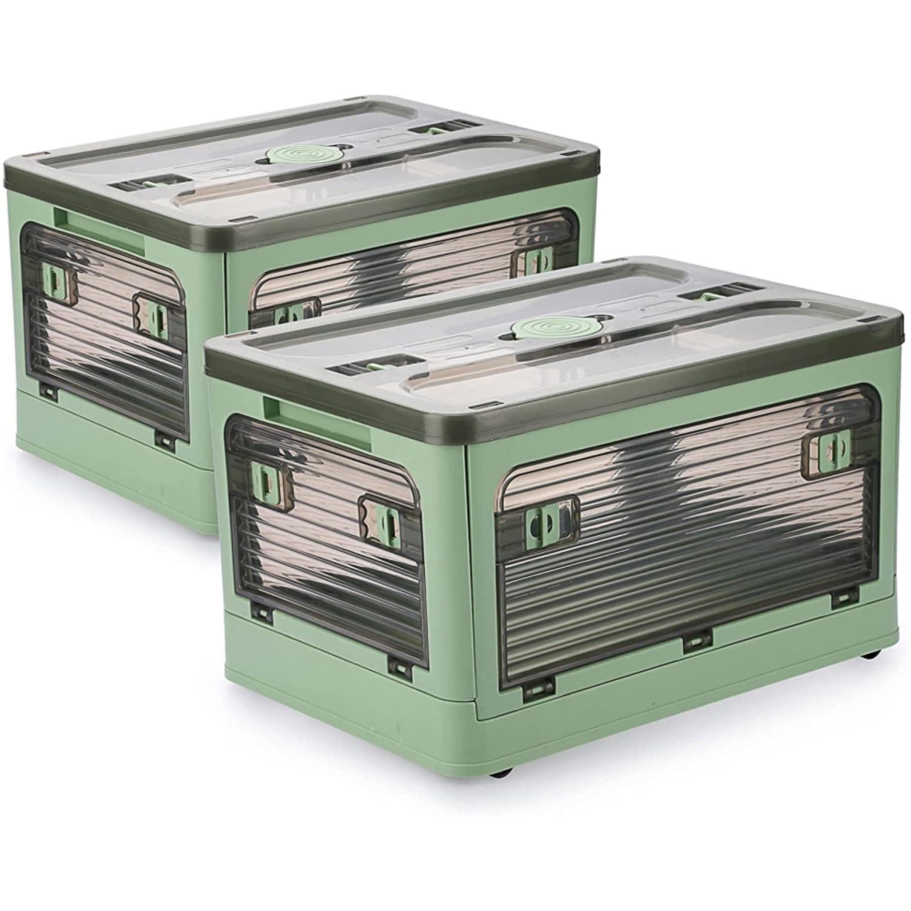 Folding Storage Bins, 36 Liters, 2 Pcs Green Plastic Storage Containers with Wheels, Four Doors, Foldable, Stackable, Plastic Box with Lids for Organization, Storage Cart