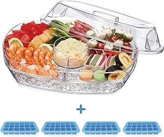 Appetizer Serving Tray on Ice, Innovative Life 15 Inch Party Platter with 4 Ice Cube Tray, Kitchen Chilled Bowl with Compartment and Lids for Shrimp, Fruits, Vegetables, Salads, Picnic, Snack，Clear