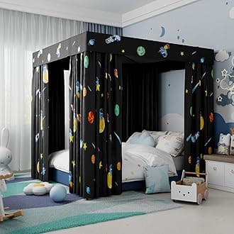 Hvqic Black Canopy Bed Curtains - 4 Corner Post Bed Curtains King Bed Curtains Lightproof Drapes Bed Canopy for Adults & Girls Bedroom Decoration(King,Black-Planet)