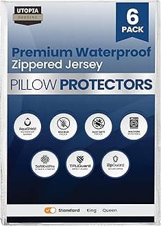 Set of 6 Pillow Protectors with Zipper Standard Size, Bed Bug and Dust Mite Proof Pillow Covers, Ultra Soft Pillow Encasements, Moisture Wicking and Waterproof Pillow Cases by Utopia Bedding (White)