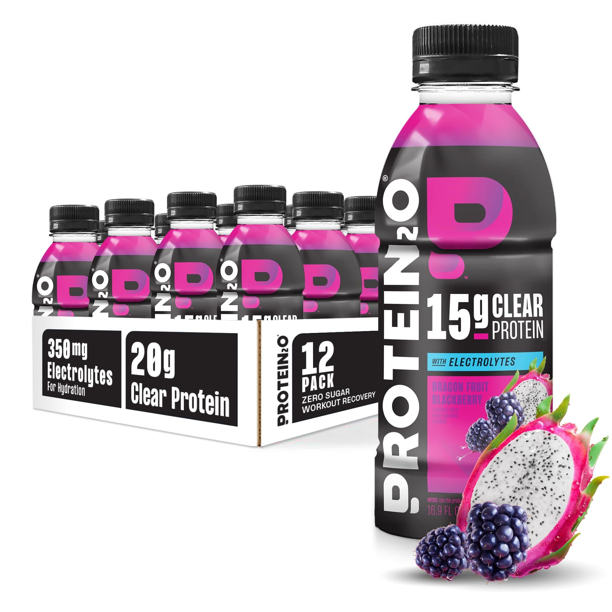 Protein2o Hydration Drink - 2-in-1 Liquid Clear Whey Protein Isolate and Electrolyte Drink - 15g Protein, Vitamins B5, B6 - Post-Workout Recovery - 16.9 Fl Oz - 12 Count Dragon fruit Blackberry