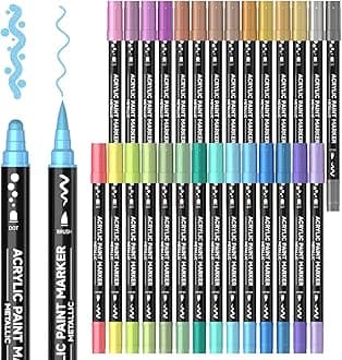 Shuttle Art Acrylic Marker, Metallic Color, Dot and Brush Tip, Twin Pen, Set of 28 Colors, Glitter, Acrylic, Water-based, Paint Marker, Waterproof, Quick Drying, Water Resistant, Lightfast, Writable