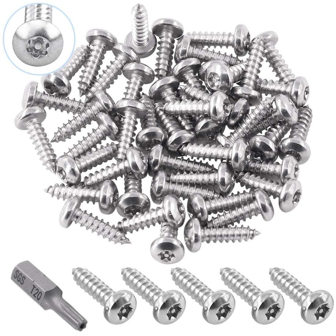 Glarks 51Pcs #8 x 1/2'' Button Head Torx Security Sheet Metal Screws Stainless Steel Tamper Resistant Screws Set with T20 Bit (50pcs #8 x 1/2'')