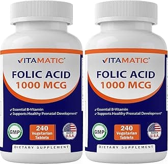 Vitamatic 2 Pack Folic Acid 1000 mcg (1 mg) - 240 Vegetarian Tablets - 1667 mcg DFE - Vitamin B9 (Total 480 Tablets)