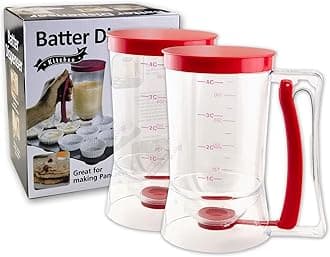 2 Pack Pancake Batter Dispenser with Squeeze Handle - 4-Cup Measuring Dispenser for Pancakes/Cupcakes/Waffles/Crepes - BPA-Free Pourer with Easy Clean Design - Professional Baking Tools, Red