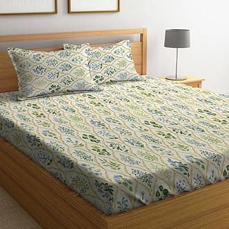 300 TC Cotton Feel Glace Cotton Elastic Fitted Printed Queen Size Double Bed Bedsheet with 2 Pillow Covers Fits Upto 8 inches,Size- 60x78x10 Inches, YellowJaipuri