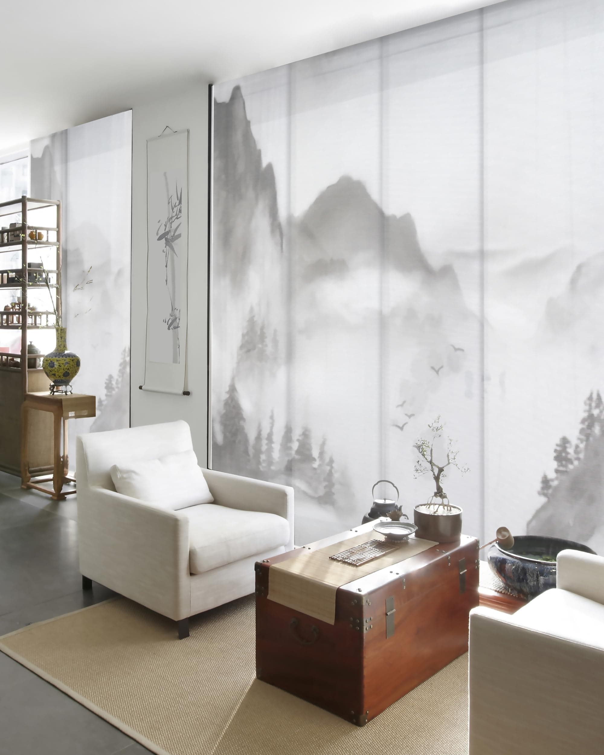 Godear Design Deluxe Adjustable Sliding Panel Track Blind 45.8"- 86" W x 96" H, Shimmering Natural Woven Fabric, Landscape Ink Wash Painting, Digital Art Prints, Light Filtering, Sheer, Shangri-La