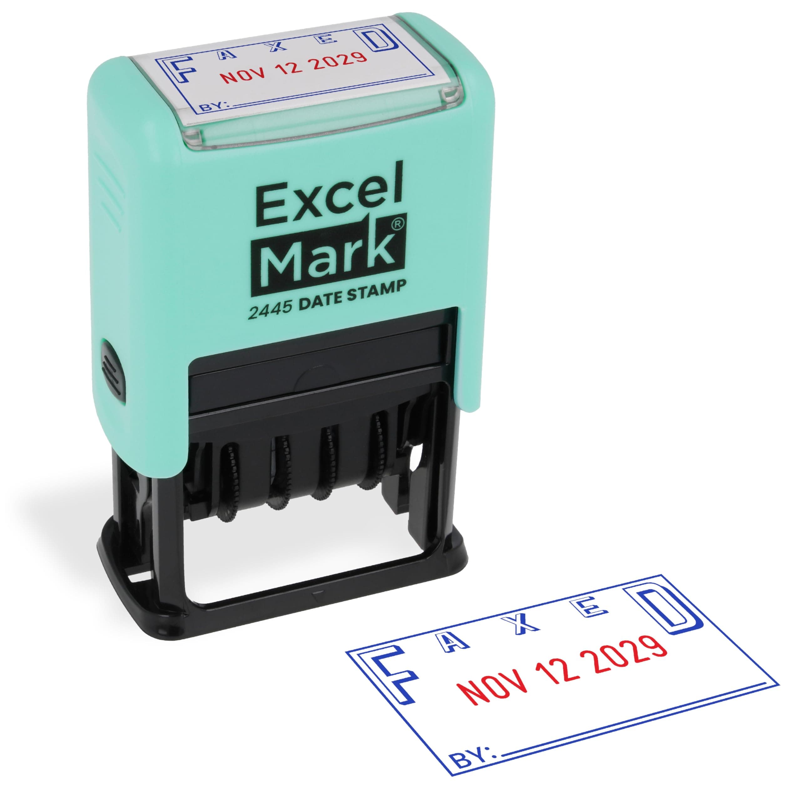 ExcelMark 2445 Date Stamp with Text - Blue and Red Ink (Seafoam Mount, Faxed)